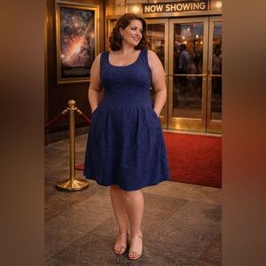 Plus Size 20W Deep Navy Blue Scoop Neck & Back Lined Sleeveless Dress Dressy